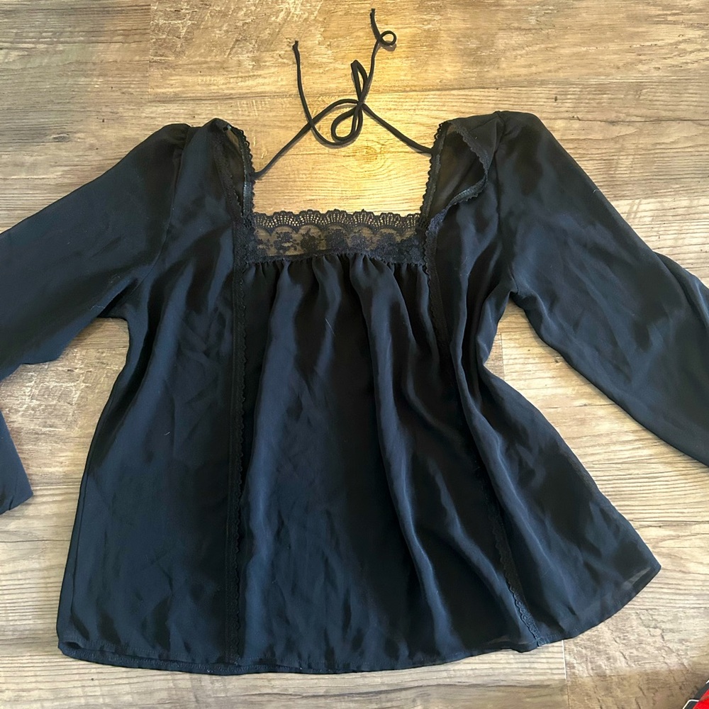 Black Lace-Trim Peasant Blouse - Women Tops